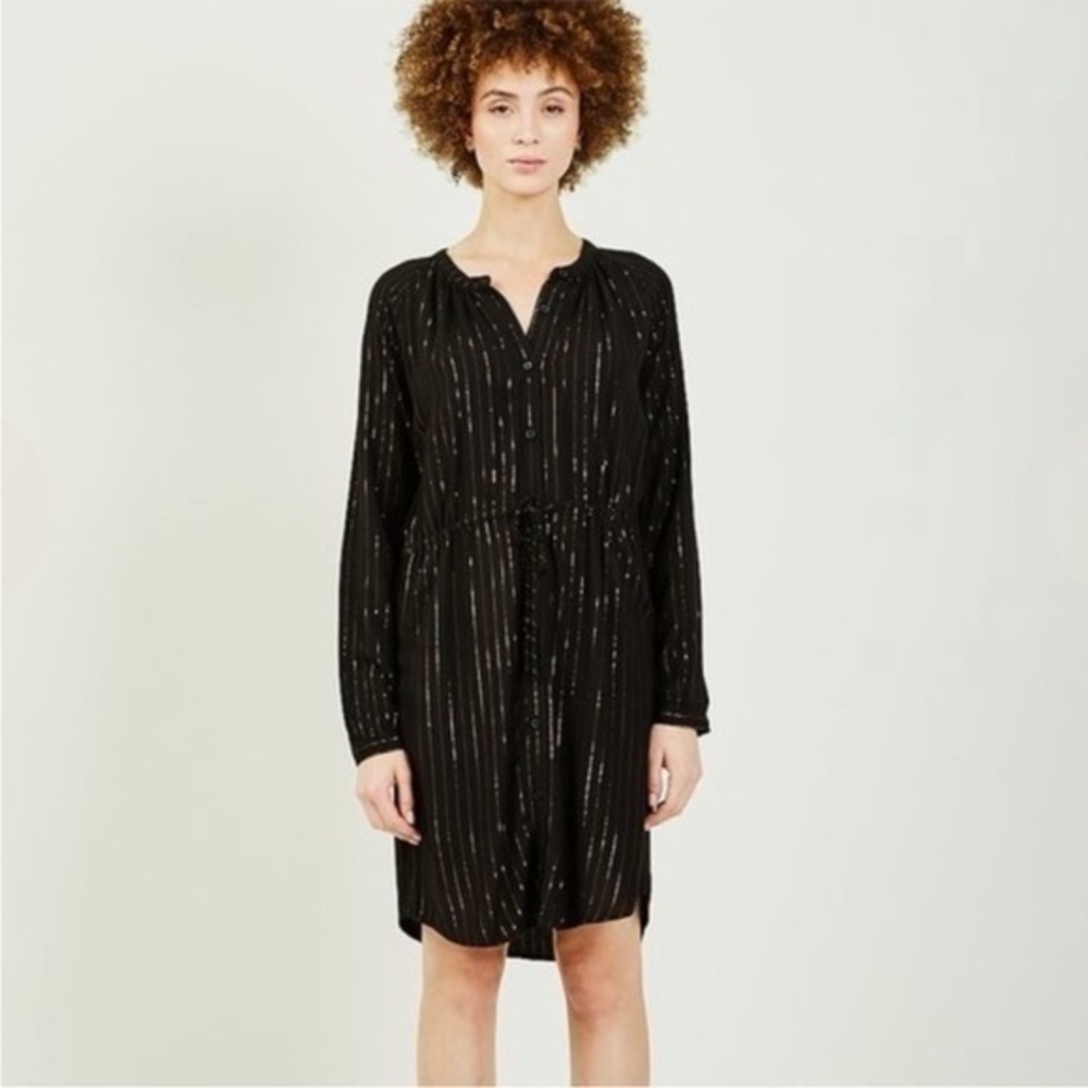 Rails Bella Gilded Stripe Shirt Dress Black Gold Metallic Sz Medium Long Sleeve